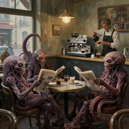 hideous terrifying ghastly foul cronenberg monsters relaxing at a cafe. some of the monsters have tentacles. tentacles, and a steaming espresso machine. ( a waiter is pouring coffee. one monster is reading a newspaper. painting by edward hopper grant wood rene magritte, cinematography by robby muller, 3 d rendering by beeple, 8 k, comfy wretched mutants )
