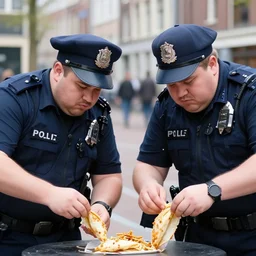 closeup portrait of two fat police officers eating from the ground in an amsterdam street. natural light, sharp, detailed face, magazine, press, photo. steve mccurry, david lazar, canon, nikon, focus