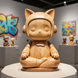 8 k octan, advertising, highly detailed, photo, a totally wooden figurine collectible tin toys art toys wooden on feet, very cute fat cyborg meditation zen, with cat ears, cyberpunk, graffiti ratio, design, showroom dealership indoor display convention exhibition a contemporary art gallery masterpiece - a k _ dpm _ 2
