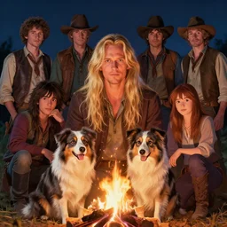 highly detailed portrait of long - haired hillbilly around a bonfire with his fluffy australian shepherd, blonde hair, stephen bliss, art by greg rutkowski, loish, rhads, ferdinand knab, makoto shinkai and lois van baarle, artgerm, pixar, ilya kuvshinov, rossdraws, tom bagshaw, global illumination