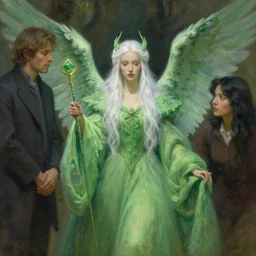greg manchess painting of fairy god mother, green and white hair, long wings, sorceress wand, soft lighting, trending on artstation, by huang guangjian and gil elvgren and sachin teng