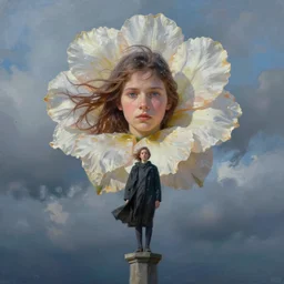 a portrait, giant flower head, a girl standing on pillar, surreal photography, wind and cold, dramatic sky, impressionist painting, digital painting, artstation, simon stalenhag