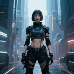 woman wearing cyberpunk clothing in a high - tech futuristic city year 3 1 0 0, canon eos r 3, f / 1. 4, iso 2 0 0, 1 / 1 6 0 s, 8 k, raw, unedited, symmetrical balance, in - frame