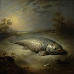 anomalocaris apparition, cambrian fauna, rembrandt baroque painting, dutch golden age landscape painting, mysterious, ambient light, dramatic light, soft colours