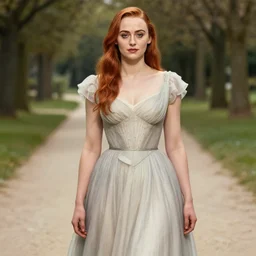 sophie turner detailed clothing, half body shot, arms down, path traced, highly detailed, high quality, digital painting, alena aenami, arnold bocklin, tom bagshaw
