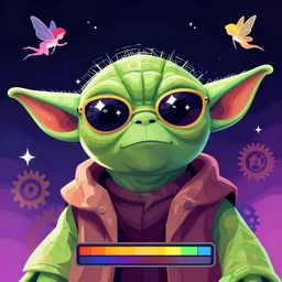 portrait of yoda sunglasses stars in the sky ( fairies ) detailed face enchanted psychedelic vector art illustration gears of war cell shaded illustration gta 5 artwork of yoda, in the style of gta 5 loading screen, by stephen bliss by hieronymus bosch and frank frazetta