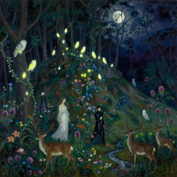 painterly dreamy dark midnight hill in the forest with trees, flowers, glowing owls, deers, women, lianas, thistles, fantasy creatures, a stream and sky with moon and stars by Mikhail Vrubel, dark fantasy, witcher, very detailed oil painting in the alla prima style, masterpiece, 8k