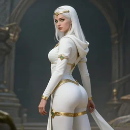 Pretty Female cleric, skintight white robes, skirt, golden accessories, fantasy, green eyes, extremely detailed face!, young, 2 arms and 2 legs!, shaped derriere, looking from side!, high fantasy, artstationgHQ, artstationHD, octane, by artgerm and wlop