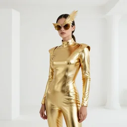 high quality photo of a white room. female wearing golden futuristic costume and feather sunglasses feature in vogue. close up shot. sigma art 1 0 5 mm f 2. 8. hyper realistic vfx simulation. fashion ad