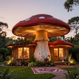 award winning exterior of a house shaped like a mushroom made entirely of redwood during sunset with soft lamp light, lots of plants and stained glass ceilings and persian rugs