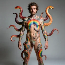 a perfect portrait of a man standing, proudly displaying his four dimensional hyperbolic rainbow tattoos that extrude, protude and extend outwards and around his body like grasping prehensile tendrils tentacles and snakes, perfect studio lighting.