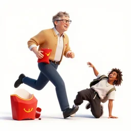 Bill Gates running out of McDonalds with a Happy Meal knocking over a tik tokker doing dance moves
