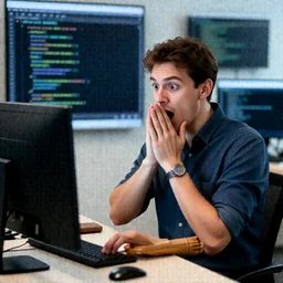 stock photo of a developer suprised that his code actually works