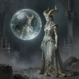 By Tom Bagshaw, ultra realist soft painting render of an overlord fortress scene, Beautiful face horned single porcelain female in long curvy gothic dress, watching an octane render of a floating transparent glass sphere, reflection and refraction, symmetry accurate features, very intricate details, deep fog, dark fantasy background, artstation