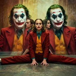 symmetrical bilateral half split portrait, natalie portman, the joker, 3 5 mm, wide angle