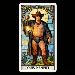 tarot card of a shirtless handsome beefy cowboy holding a lantern | dark tela robe, dad bod, homoerotic, art deco, art nouveau, ( ( ( stained glass ) ) ) | by louis comfort tiffany | trending on artstation