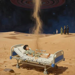 realistic detailed image of a little  small boy on a hospital bed in a huge sand desert. a !!thin stream of sand!!! falls from the sky in to eternal eternity doom of outer space.  by  Ayami Kojima, Amano, Karol Bak, Greg Hildebrandt, and Mark Brooks, Neo-Gothic, gothic, rich deep colors. Beksinski painting, part by Adrian Ghenie and Gerhard Richter. art by Takato Yamamoto. masterpiece