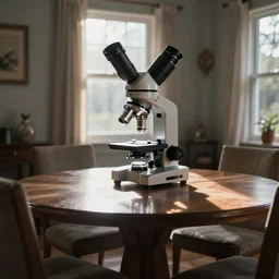 photo of a dining room table, style as if viewed through an electron microscope