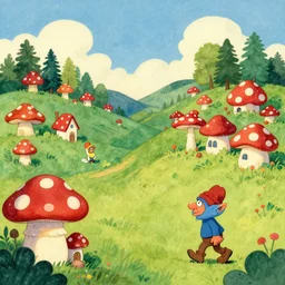 fairytale landscape with red mushroom houses in the style of wimmelbilder and the smurfs, a troll creature walks illustrated by John Bauer