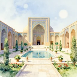 persian garden in a space fortress, bokeh. this watercolor painting by the award - winning mangaka has dramatic lighting, an interesting color scheme and intricate details.