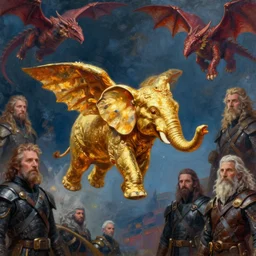 small golden flying elephant with wings. fantasy concept art. moody epic painting by james gurney, greg rutkowski, charlie bowater, giger, maxim verehin and alphonso mucha. artstationhq. painting with vivid color. ( dragon age, witcher 3, lotr )