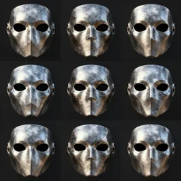 a 5 x 5 grid of unique concept designs for a solid plate featureless metallic cylon mask, 3 d render, volumetric lighting, unreal engine, reflective material, intricate texture
