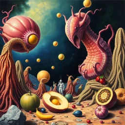 alien fruits by beeple, artgerm, salvador dali, bruce pennington, frank, stella, makoto shinkai, angus mckie, alex grey, don bluth, ernst haeckel, chris moore, kaja foglio, andre masson, dr. suess, brian despain, chesley bonestell. symbolism, surrealism, artstation,