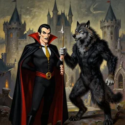 matte painting of dracula and the wolfman at the frankenstein's castle, edward robert hughes