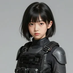 portrait of an elf girl by ayami kojima, she is about 2 0 years old, mixture between british and japanese, black bob hair, and she is wearing a modern tactical gear, scifi, highly detailed portrait, digital painting, artstation, concept art, smooth, sharp foccus ilustration, artstation hq