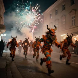 kodak portra 4 0 0, 5 0 0 mm tele lens, f 1. 2, long exposure time, award winning dynamic vivid atmospheric photograph of running chasing jumping hazardous gang of krampus, by robert capas, in muted colours, striped orange and teal, motion blur, on a street in salzburg at night with colourful exploding pyro firework and torches, fog