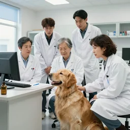 a group of scientists toguether in a room studyng a golden retriever