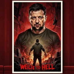 zelensky went to hell, art in the style of a poster for horror films in a cinema, detailed art in color