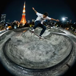 fisheye lens photo of a skateboarder in Tokyo, night time, 8k, cinematic