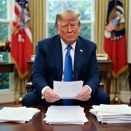 a still of donald trump sitting on a pile of papers in the oval office.