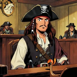 amber heard in a courtroom of pirates comic book style