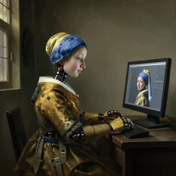 painting of a royal female robot using a computer by Vermeer, Dutch Golden Age
