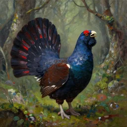 capercaillie blood mage in the lichen woods. this heavily stylized oil painting by the award - winning comic artist has interesting color contrasts, plenty of details and impeccable lighting.