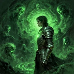 side profile, imogen poots, paladin, corrupted armor, gloomhaven, luminescent, haunted green swirling souls, evil inky swirly ripples, sickly green colors, by greg manchess, huang guangjian, gil elvgren, sachin teng, greg rutkowski, jesper ejsing, ilya kuvshinov