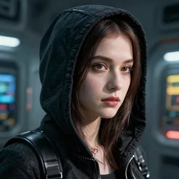 cyberpunk hacker closeup portrait in high tech compound by Emmanuel Lubezki