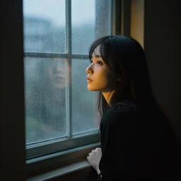 a photo of a young woman looking through the window, dark room, soft yellow light, raining outside, early morning