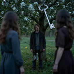 a man is standing by apple tree. he watches a woman who has a very large silver key. folk horror. eerie. fine detail. realistic. fireflies