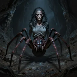 creepy matte painting of a female spider drider centaur with eight legs in a dark cave wearing a shirt, ultra detailed, monster, half human half spider, human torso!!, spider thorax!!!, creature design, concept art, 8 k, moody lighting, muted colors, blue tone light, dramatic lighting, realistically proportioned face, racnoss