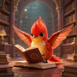 a cute adorable small flaming mythical red hummingfirebird reading in a spectacularly beautiful library #epic-render-digital-artwork #masterpiece #movie @rayracing-realism-particle-effects