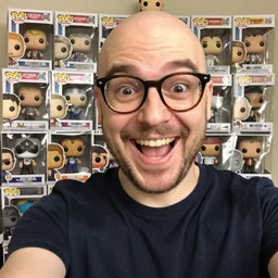 a happy nerdy balding guy playing with his collection of funko pop, big open smile, realistic, selfie
