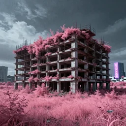 a beautiful very detailed illustration of urbex abandoned industrial architecture dock city unfinished building architecture nature by titian, meadow hyperrealism tokyo nature neon signs rainforest infrared dramatic lighting alien cyberpunk retrowave, archdaily, wallpaper, highly detailed, trending on artstation.
