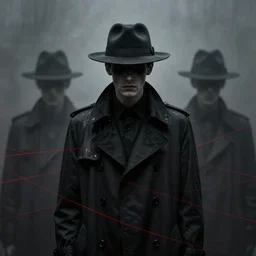 is it still art, man wearing a fully dark fedora hat and black trenchcoat, stunning ghostly black monochrome symmetrical dramatic picture with red lines, end of the everything, stunning atmosphere, muted colour palette with iridescent highlights, by andrei riabovitchev, peter mohrbacher, wlop, shaun tan