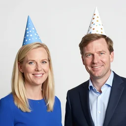 erna solberg and jens stoltenberg wearing party hats
