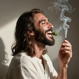 Jesus smoking weed and laughing, profile picture, studio photography