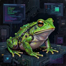 toads, big toad, mechanical, technical, abstract, acrylic, oil, circuit board, computers, vektroid album cover, vectors, drips, dimensions, breakcore, leaks, glitches, frogs, amphibians, geometry, data, datamosh, motherboard, code, y 2 k, painting, dark, old web, cyber