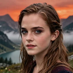 color still photo of emma watson at a mountain landscape, lake, orange red sky, fog, mist, rain, detailed face closeup heavy makeup